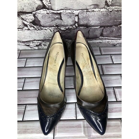 Mona Lisa Gray Blue Red Leather Pointed Toe Dress Heels Women’s Sz 37.5EU/7M US - Picture 2 of 16